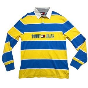 Tommy Jeans Mens Small Blue Yellow Striped Rugby Polo Long Sleeve Shirt 100% Cot